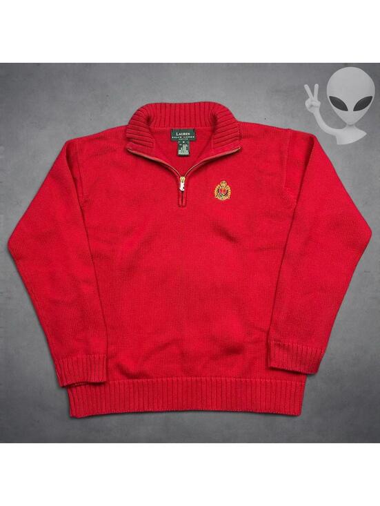 Lauren Ralph Lauren Sweaters - Lauren Ralph Lauren Knit Sweater Petite Medium Red Quarterzip Preppy Crest 90s